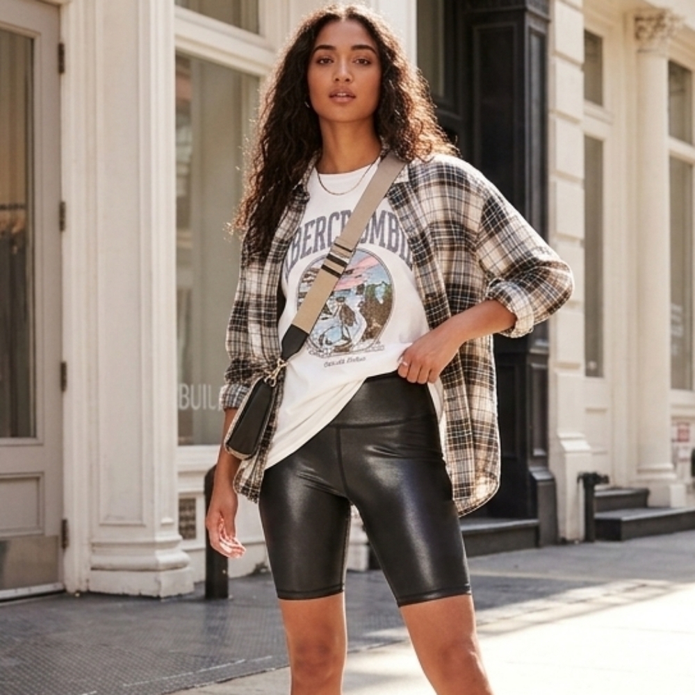 Abercrombie & Fitch 🛍Buy2Get1 FREE🛍High Rise Metallic Sheen Black Biker Shorts